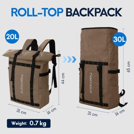 Haimont Rolltop Backpack for Men Women Water-Resistant Carry on Travel Backpack Casual Daypack with Laptop Compartment for Work Trip Hiking, 20L-30L, Khaki