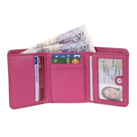 STARHIDE Ladies RFID Blocking Compact Genuine Leather Small Wallet with Zip Around Coin Pouch On The Side 5555 (Black Fuchsia)