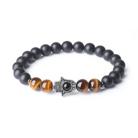 COAI Hand of Fatima Jewelry Onyx Tiger Eye Stone Beaded Bracelet for Men Women M