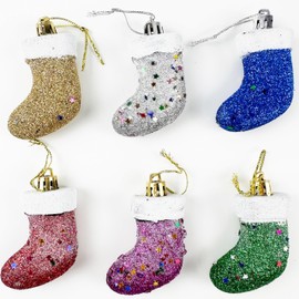 6 PCS Christmas Tree Stockings Ornaments Glitter Decorations Baubles for Tree Home Party, Colored