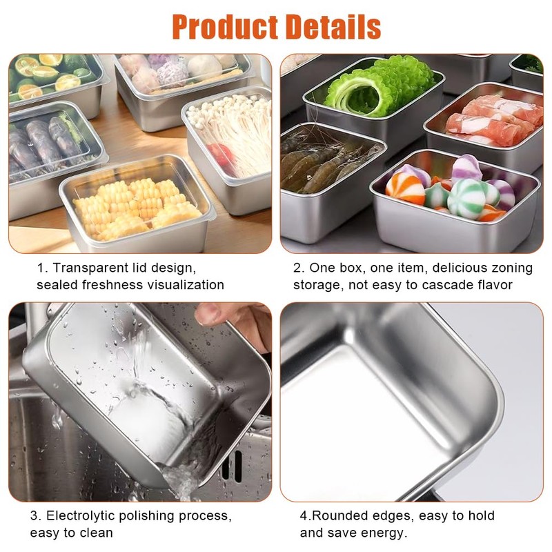 Pack of 6 Stainless Steel Food Storage Containers with Lid,