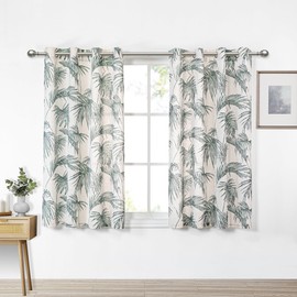 MYSKY HOME Linen Curtains 63 Inch Length Semi Sheer Curtains Tropical Pattern Decorative Window Treatment Drapes Privacy with Light Through for Kitchen/Nursery/Bathroom, 52" Wide, Green, 2 Panels