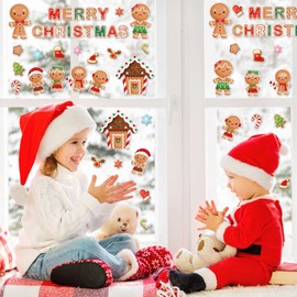 Whaline 40Pcs Christmas Thick Gel Clings Cartoon Gingerbread Man Candy House Window Gel Decals Reusable Merry Christmas Window Clings for Home Classroom Nursery Christmas Party Supplies Gift