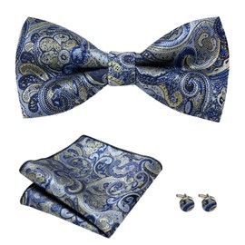 FOSDICK Men's Bow Tie and Cuffed Buttons with Pocket Square Set, Adjustable Polyester Pre-Tied Bow Tie Suit for Wedding Tuxedo Party