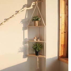 Artilady White Corner Floating Shelves Wall Hanging- Macrame 3 Tier Corner Shelf Plant Wall Decor Boho Rustic Wooden Storage Orgnizer for Bedroom Living Room Pots Photos