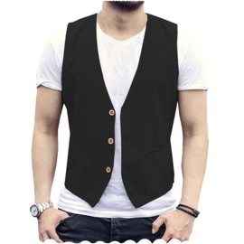 Men's Linen Vest Cotton Summer Suit Waistcoat Casual for Wedding(Black,M)