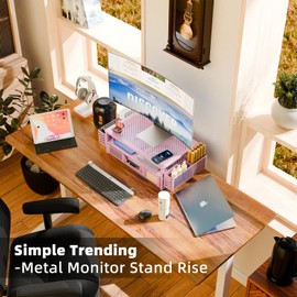 Simple Trending 2 Tier Metal Monitor Stand Monitor riser and Computer Desk Organizer with Drawer and Pen Holder for Laptop, Computer, iMac, Pink