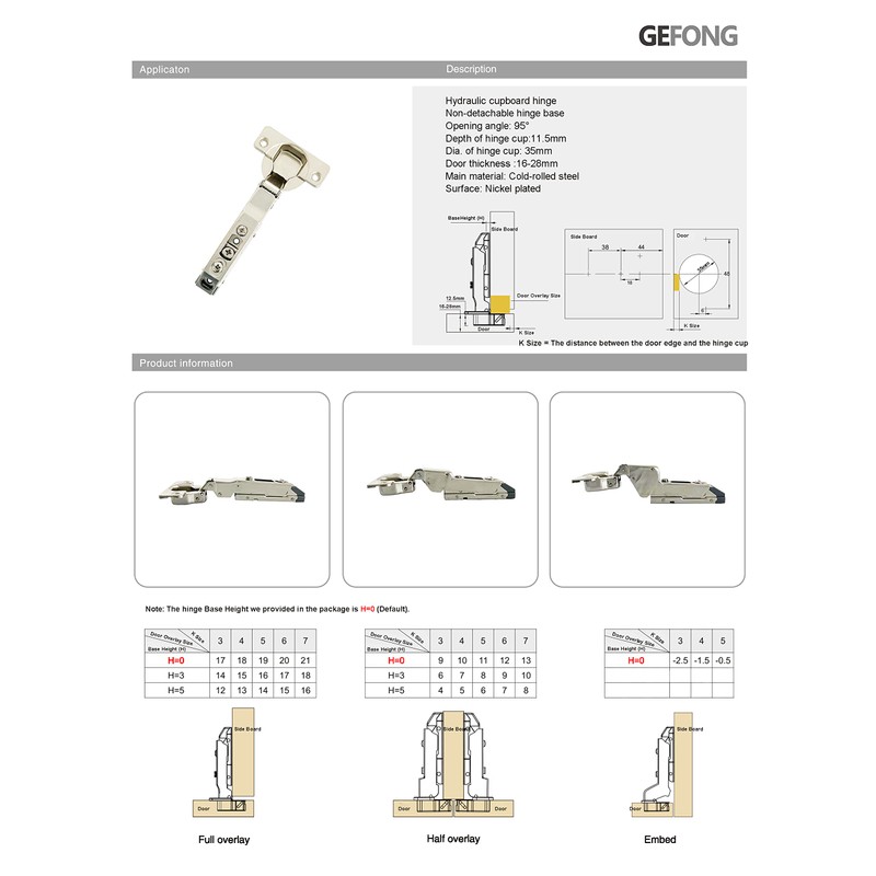 GEFONG 95 Degree Half Overlay Kitchen Cabinet Soft Close Universal