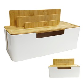 Cable Management Box with Wooden Lid, Multi-Device Organizer for Phones/Tablets/Smartwatches, Desktop Cable Organizer for a Tidy Work Area