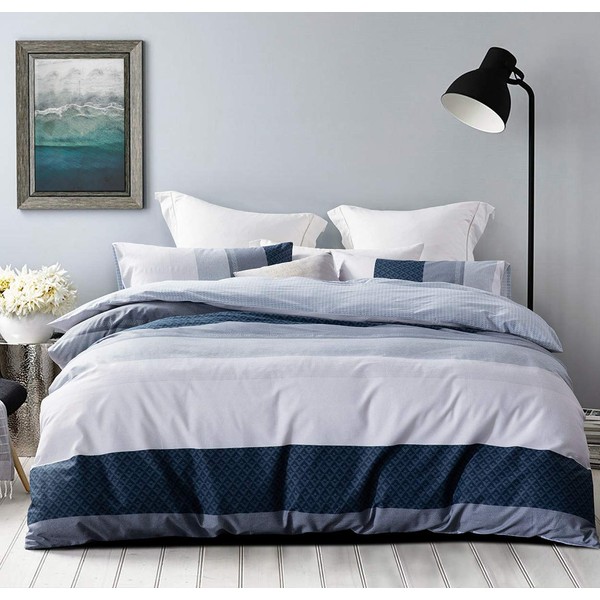 Duvet Cover Set, 600 Thread Count Cotton White and Navy Striped Patchwork Comforter Cover Set Reversible Quilt Cover (King, Greekn-Lump)