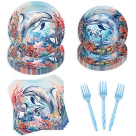 96 Pcs Ocean Themed Party Decorations, Dolphin Birthday Party Supplies Tableware Set for 24 Guests with Plates Napkins Forks, for Kids Birthday Baby Shower Ocean Adventure Theme Party