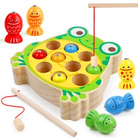 Magnetic Wooden Fishing Game Toys for Toddlers,Wooden Frog Magnets Fishing Toys Color Sorting Puzzle Montessori Preschool Educational Learning Fine Motor Skills Toys for 3 4 5 Years Old Boys Girls