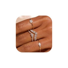 FDEETY Pack of 4 Women's Stackable Rings 14K Gold-Plated Cubic Zirconia Ring Hypoallergenic Stylish and Elegant Rings Suitable for Daily Life Party Wear, Zinc