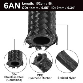 5ft 6AN Fuel Hose AN6 3/8 Universal Braided Nylon Stainless Steel CPE Oil Fuel Gas Line Hose Black