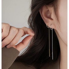 Reffeer Solid 925 Sterling Silver Dangle Chain Earrings Tassel Threader for Women Earrings Long Dangle Earrings Minimalist (B-18K Gold Plated)