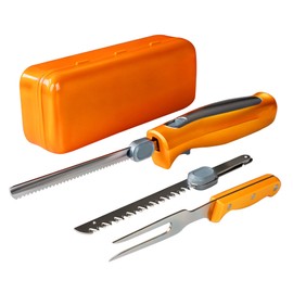 Crudetea Electric Knife, Electric Carving Knife Set with Two Serrated Stainless Steel Blades, Carving Fork, with Non Slip Handle, Safety Lock and Storage Case for Meat, Bread Fish,Other and Foods.