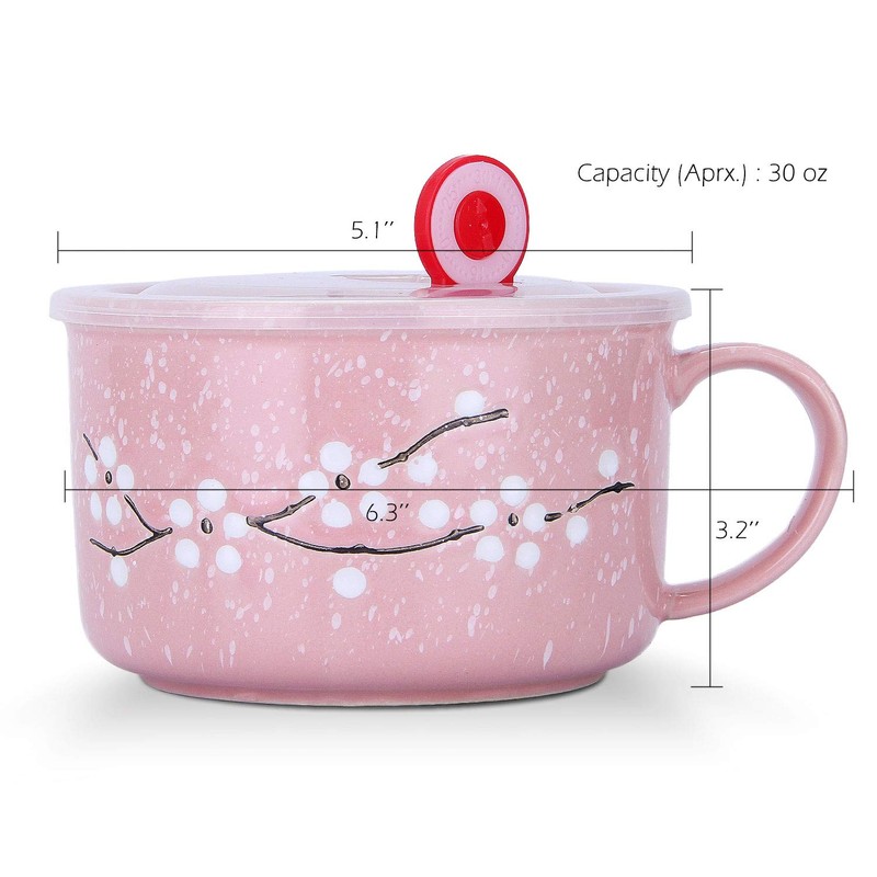 VanEnjoy 30oz Ceramic Bowl Set with Lid & Handle,Cherry Blossoms