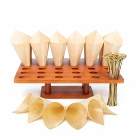 36 Slot Wooden Cone Holder Stand with 100 Cones & 100 Picks, 13 x 13 Appetizer & Dessert Cone Display for Catering Buffets, Charcuterie Cone Bar, Parties & Food Trucks