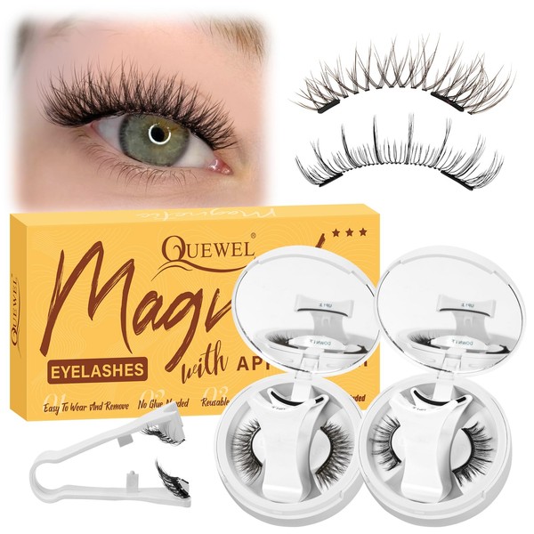 QUEWEL Magnetic Eyelashes with Applicator, 2 Pairs Portable Magnetic Lashes