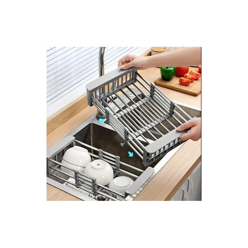 Adjustable Dish Drying Rack with Stainless Steel Drain Basket Over-The-Sink