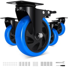 Humagineer 5 Inch Casters Wheel Set of 4, 2200 Lbs Heavy Duty Casters, Safety Locking Industrial Casters with Brake, No Noise Plate Wheels for Cart, Workbench, Furniture (Free Hardware Kits)