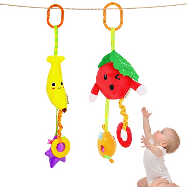 2PCS Soft Plush Hanging Stroller Toys with Teether and Rattles,Newborn