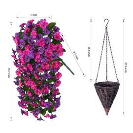 Artificial Fake Flowers Plants Hanging Baskets for Outdoor Outside, Faux Silk Hanging Dark Purple and Fuchsia Morning Glory Trailing Vines UV Resistant Look Real for Porch Patio Home Decoration