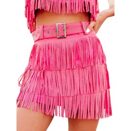 ChiyeeKiss Womens Sparkle Rhinestone Fringe Skirt Elastic Waistband Short Mini Dress with Adjustable and Removable Belt(0002-HotPink-XXL)