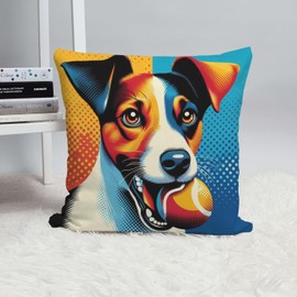 The Beach Stop Pop Art Jack Russell Dog Accent Cushion Cover | Home Decor Gift Idea for Men Women Boys Girls & Pets | 45x45cm 18x18” | Jack Russell with Ball