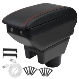 Htostar Racing Consoles Armrest Compatible with Mitsubishi Mirage Attrage 2014-2024 Center Console Box with USB Charge Armrest Box Accessories Black with Red Stitching