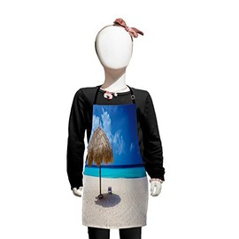 Lunarable Seaside Apron, Parasol and Chair Sunny Day in Romantic Beach Caribbean Paradise Image, Small Apron Bib with Adjustable Ties for Baking Painting, Small Size, Ivory Aqua and Blue