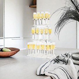 Champagne Wall Holder for Party with 32 Slots, 3 Tire Champagne Flutes Display with LED Light, Champagne Tower Wine Glass Rack Stemware Holder for Bridal Shower Wedding Christmas Birthday Party