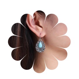 Cimenexe Bohemian Teardrop Turquoise Earrings Silver Filigree Turquoise Earrings Teardrop Turquoise Stone Earrings Tribal Turquoise Hook Earrings Jewellery for Women and Girls Gifts, Zinc, No Gemstone