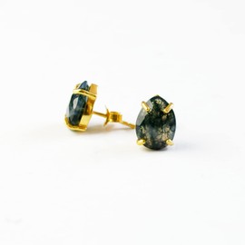 Moss Agate stud earrings, everyday earrings, Vermeil Gold or silver, prong set studs, teardrop studs, Birthstone studs, Birthday gift, green teardrop post earrings