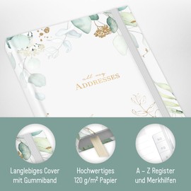 paper&you® A6+ Address Book with A-Z Index and 120 g/m² Premium Paper "Gold Leaf" Book for Contacts, Birthdays & Passwords - Sustainable and Climate Friendly