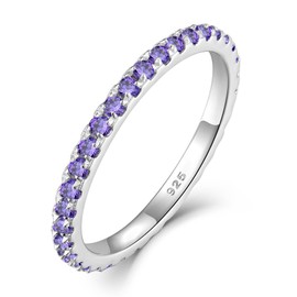 YL Stackable Ring 925 Sterling Silver Stacked Rings 1.5mm Birthstone Eternity Bands for Women, Metal, Amethyst