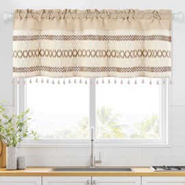 Alishomtll Linen Kitchen Curtains, Beige Striped Short Curtain for Windows, Boho Crochet Curtains with Rod Pocket, 18 Inch Drop Vintage Light Filtering Drapes for Bathroom Cafe, 47 x 18 inch