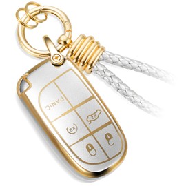 CTRINEWS for Jeep Key Fob Cover with Upgraded Anti-lost Luxury Keychains, Fashionable Matte Metallic Silver Soft Case for Grand Cherokee Renegade Dart (5 buttons)(Gold, B)