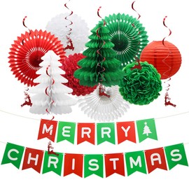Merry Christmas Banner Party Decorations, Hanging Paper Fans, Pom Poms Flowers, Paper Lanterns, Xmas Tree Honeycomb Balls, Xmas Deer Hanging Swirls for Christmas in July New Years Eve Party Decor