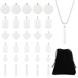BENECREAT 30PCS Mixed Large Stainless Steel Stamping Blanks, Round/Rectangle/Heart Pendants Charms with Black Velvet Bag and Clear Storage Box for Necklace Bracelet Making and ID Name Tags, 1mm Thick