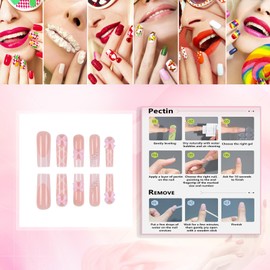 Rchovsam Long Square Press on Nails xl French Tip Fake Nails Pink Tie-bow Pearls Design False Nails White Lines Stick on Nails Summer Full Cover Artificial Nails for Women 24pcs