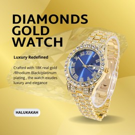 Halukakah Diamonds Watch Iced Out for Boy Teens - 18K Real Gold Plated - 42mm Blue Dial - 8" Length - Comes with Cuban Chain 7", with Watch Adjuster Tool - Goldfoil Giftbox