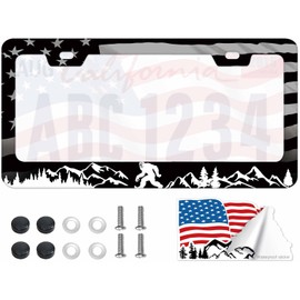 1Pcs Bigfoot & American Flag License Plate Frame - USA Patriotic Metal Car Tag Holder with Flag Sticker, Universal Fit