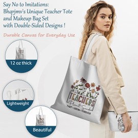 Teacher Appreciation Gifts for Women Teacher Tote Bag with Zippered Makeup Bag,Double-Sided Printed 12oz Teacher Bag As Thank You/Retirement/Christmas/Birthday Best Teacher Gift for Teachers