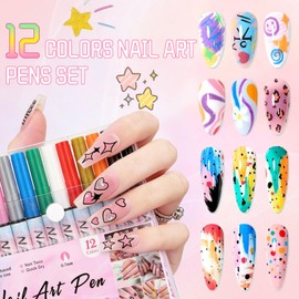 12 Colors Nail Art Pens Set, Nail Art Graffiti Pen Set, Point Liner Pen Drawing Painting For Nails Art Design Manicure Nail Diy Decoration, Quick Dry (A)