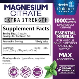 Health Nutrition Naturals Cápsulas Citrato Magnesio 1000 Polvo Máxima Absorción Fortalecer Músculos Nervios Huesos Corazón Complejo Alta
