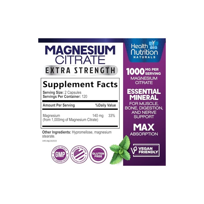 Health Nutrition Naturals Cápsulas Citrato Magnesio 1000 Polvo Máxima Absorción
