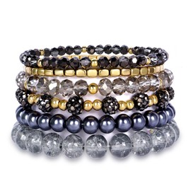 Rosedate Black Beaded Bracelet Grey Bohemian Crystal Stone Stretch Bracelets for Women Beaded Stackable Stretch Bracelet Colorful Charm Jewelry