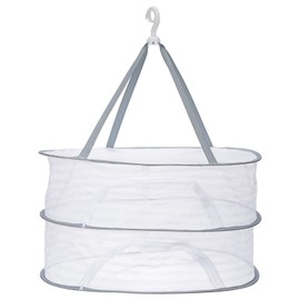 MECCANIXITY 28" Herb Drying Rack Hanging 2 Layer Hanging Mesh Net Collapsible Food Drying Fish Net with Zipper for Fish Buds Fruit Dehydrated Goods Vegetables Clothes, Grey