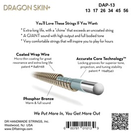 DR DAP-13 - DRAGON SKIN+™ Coated phosphor bronze acoustic guitar strings, Superior sound with pleasant feel & long lifespan, light 13-56